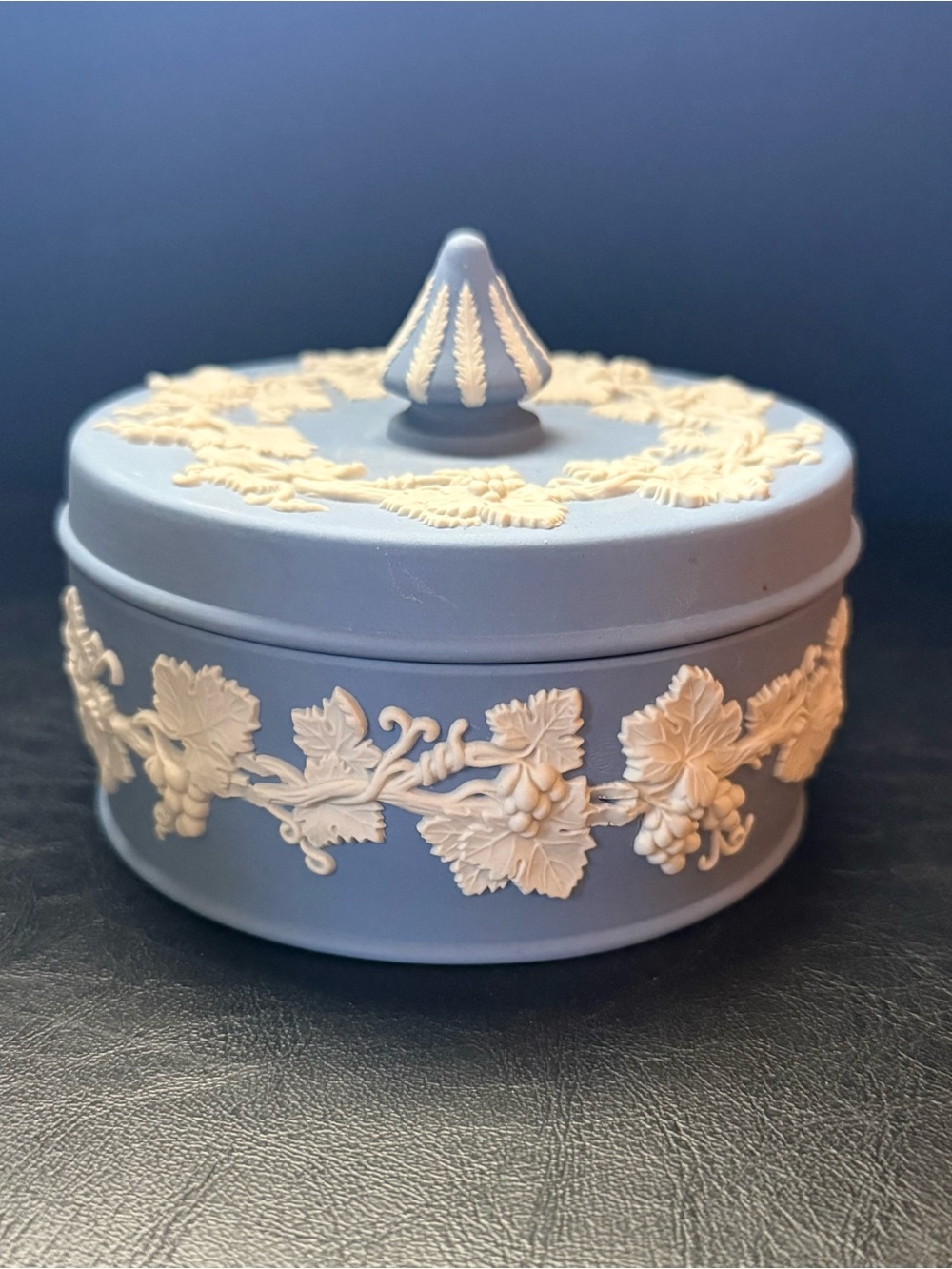 Wedgwood Blue Jasperware Trinket Box with White Relief